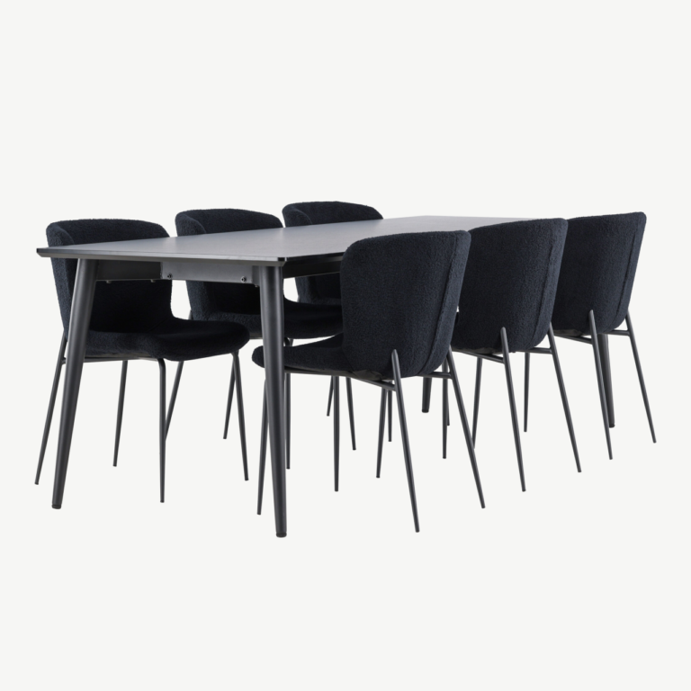 Ristkülikukujuline must söögilaua komplekt: Ellis laud 230 × 85 cm ja 8 Modesto buklee-kangaga tooli - GR24604