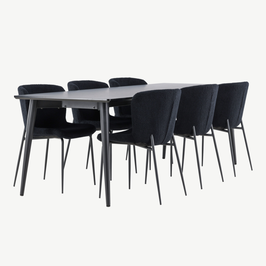 Ristkülikukujuline must söögilaua komplekt: Ellis laud 230 × 85 cm ja 8 Modesto buklee-kangaga tooli, GR24604 – 3