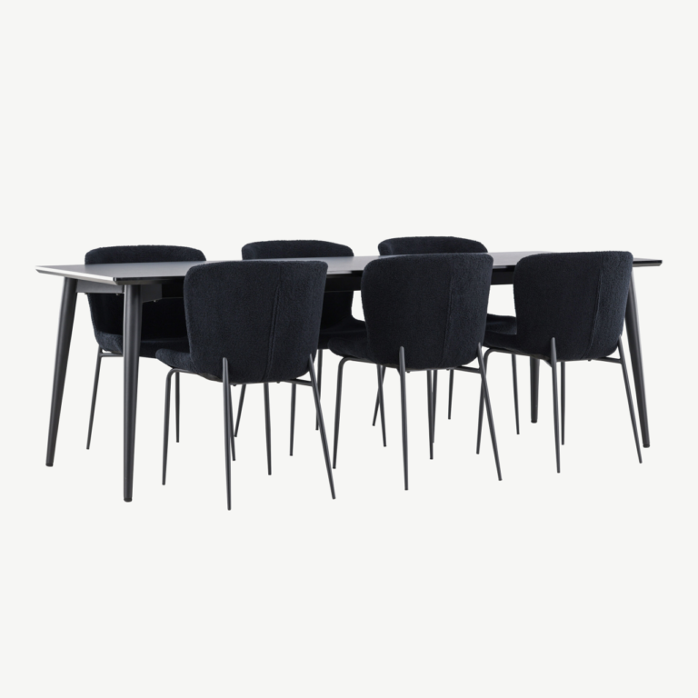Ristkülikukujuline must söögilaua komplekt: Ellis laud 230 × 85 cm ja 8 Modesto buklee-kangaga tooli - GR24604