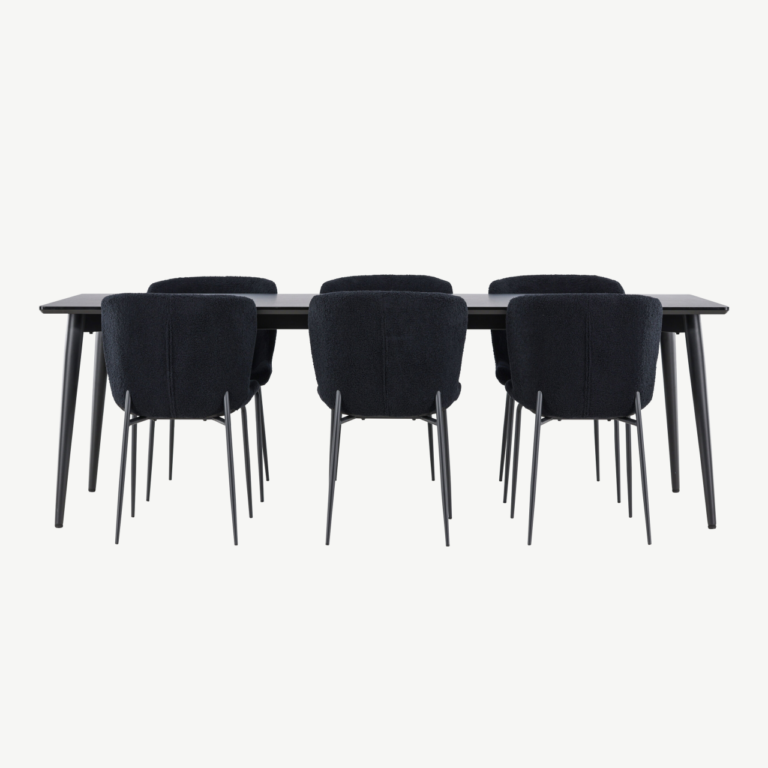 Ristkülikukujuline must söögilaua komplekt: Ellis laud 230 × 85 cm ja 8 Modesto buklee-kangaga tooli - GR24604