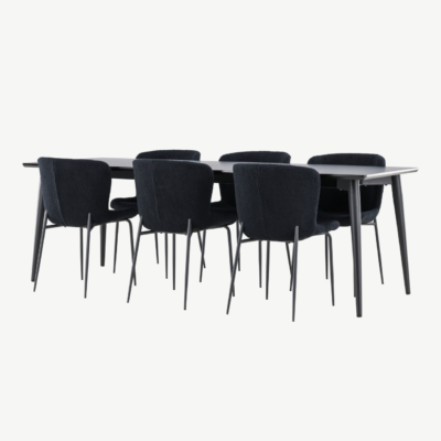 Ristkülikukujuline must söögilaua komplekt: Ellis laud 230 × 85 cm ja 8 Modesto buklee-kangaga tooli - GR24604