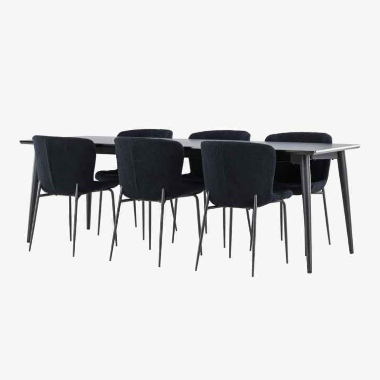 Ristkülikukujuline must söögilaua komplekt: Ellis laud 230 × 85 cm ja 8 Modesto buklee-kangaga tooli - GR24604