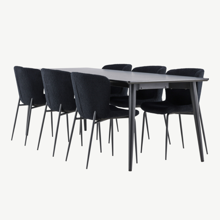 Ristkülikukujuline must söögilaua komplekt: Ellis laud 230 × 85 cm ja 8 Modesto buklee-kangaga tooli - GR24604