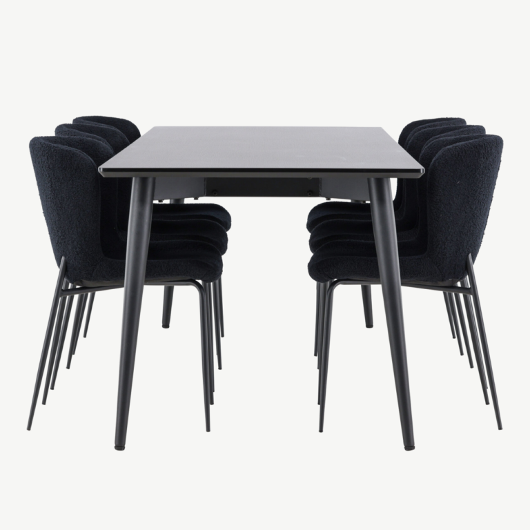 Ristkülikukujuline must söögilaua komplekt: Ellis laud 230 × 85 cm ja 8 Modesto buklee-kangaga tooli - GR24604
