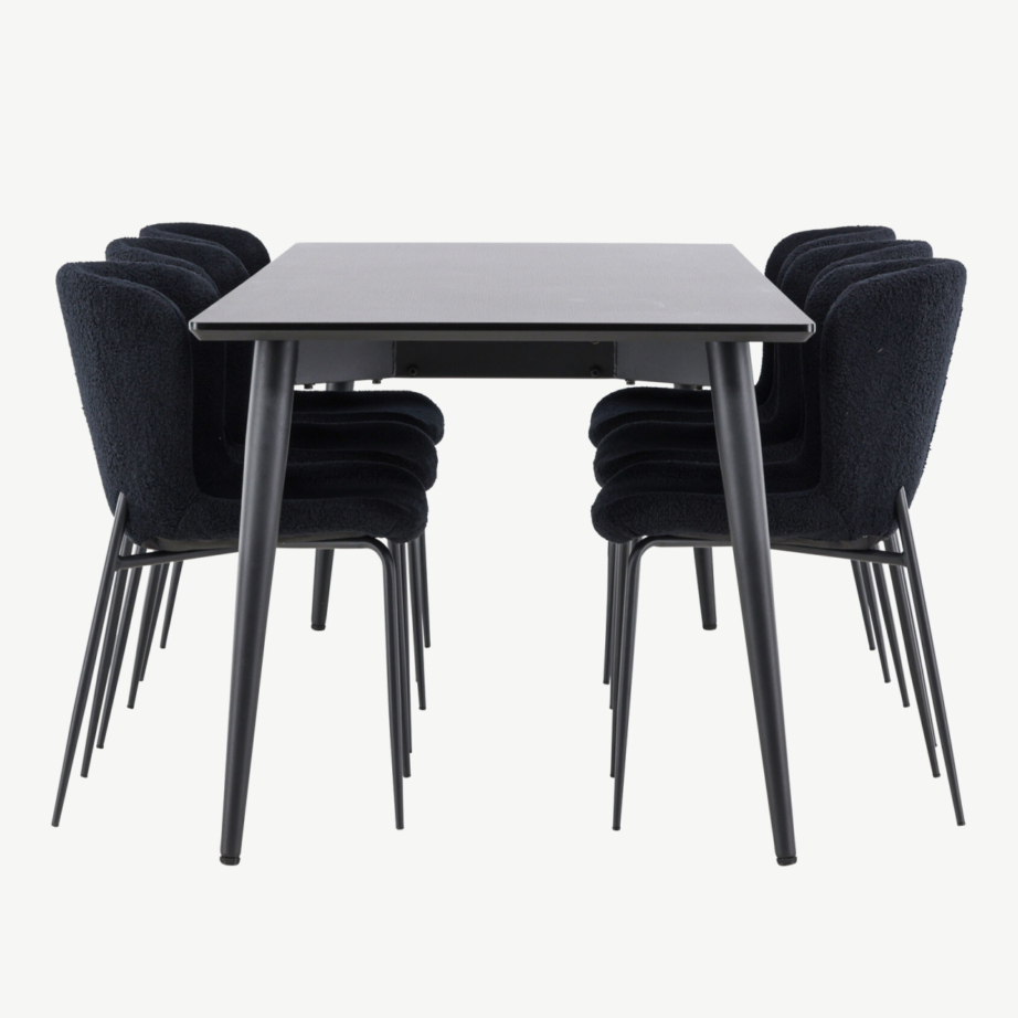 Ristkülikukujuline must söögilaua komplekt: Ellis laud 230 × 85 cm ja 8 Modesto buklee-kangaga tooli, GR24604 – 7