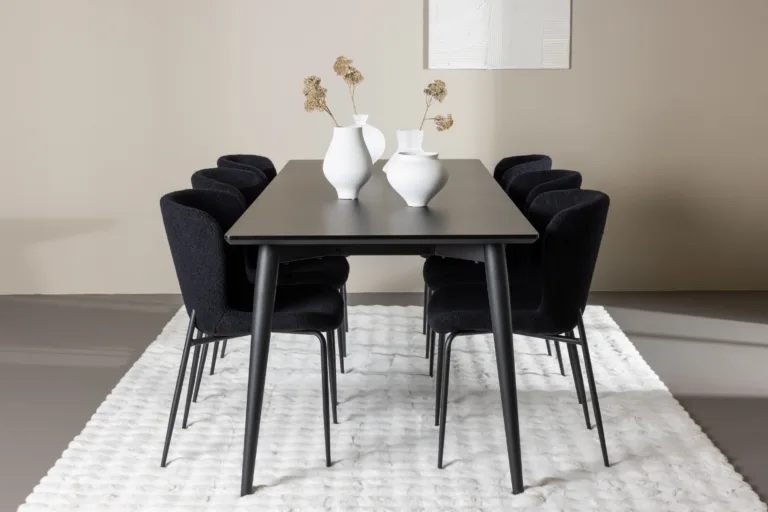 Ristkülikukujuline must söögilaua komplekt: Ellis laud 230 × 85 cm ja 8 Modesto buklee-kangaga tooli - GR24604