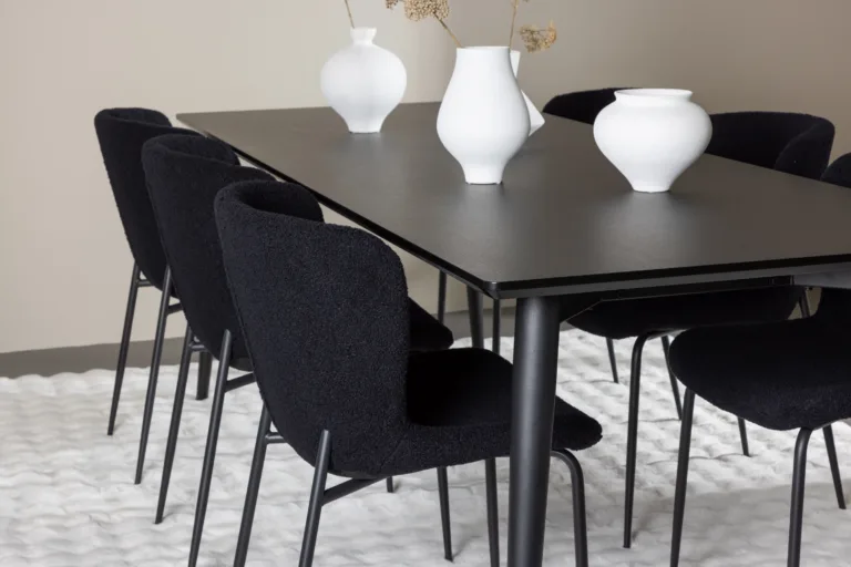 Ristkülikukujuline must söögilaua komplekt: Ellis laud 230 × 85 cm ja 8 Modesto buklee-kangaga tooli - GR24604