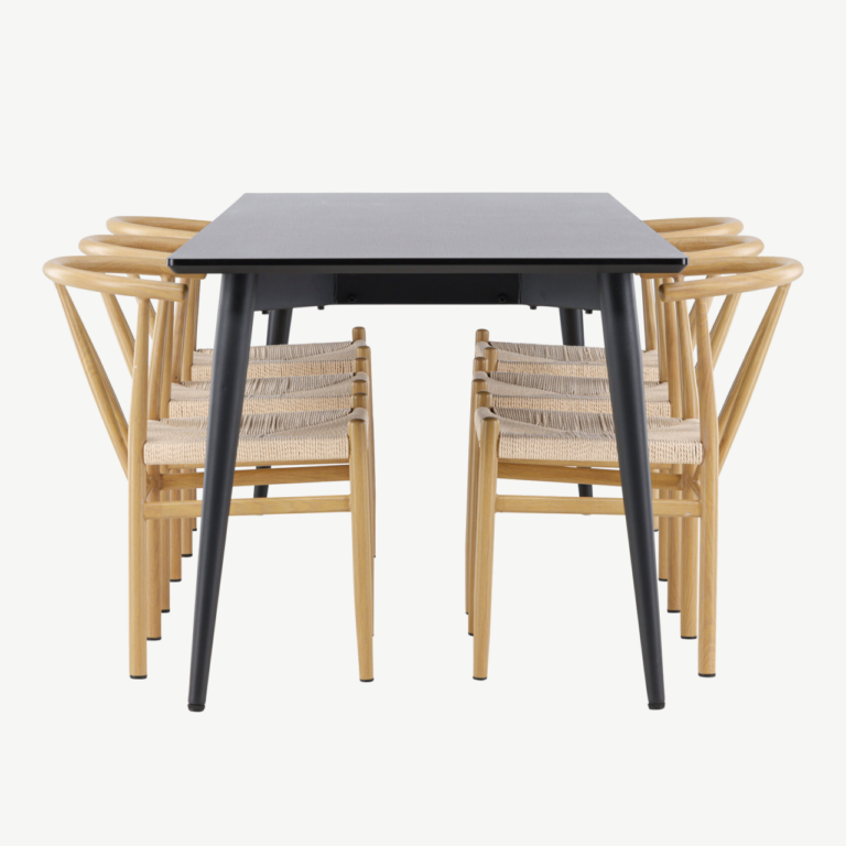 Ristkülikukujuline must söögilauakomplekt Ellis 230×85 cm ja 6 naturaalset rattanpunutisega Alfons tooli - GR24601