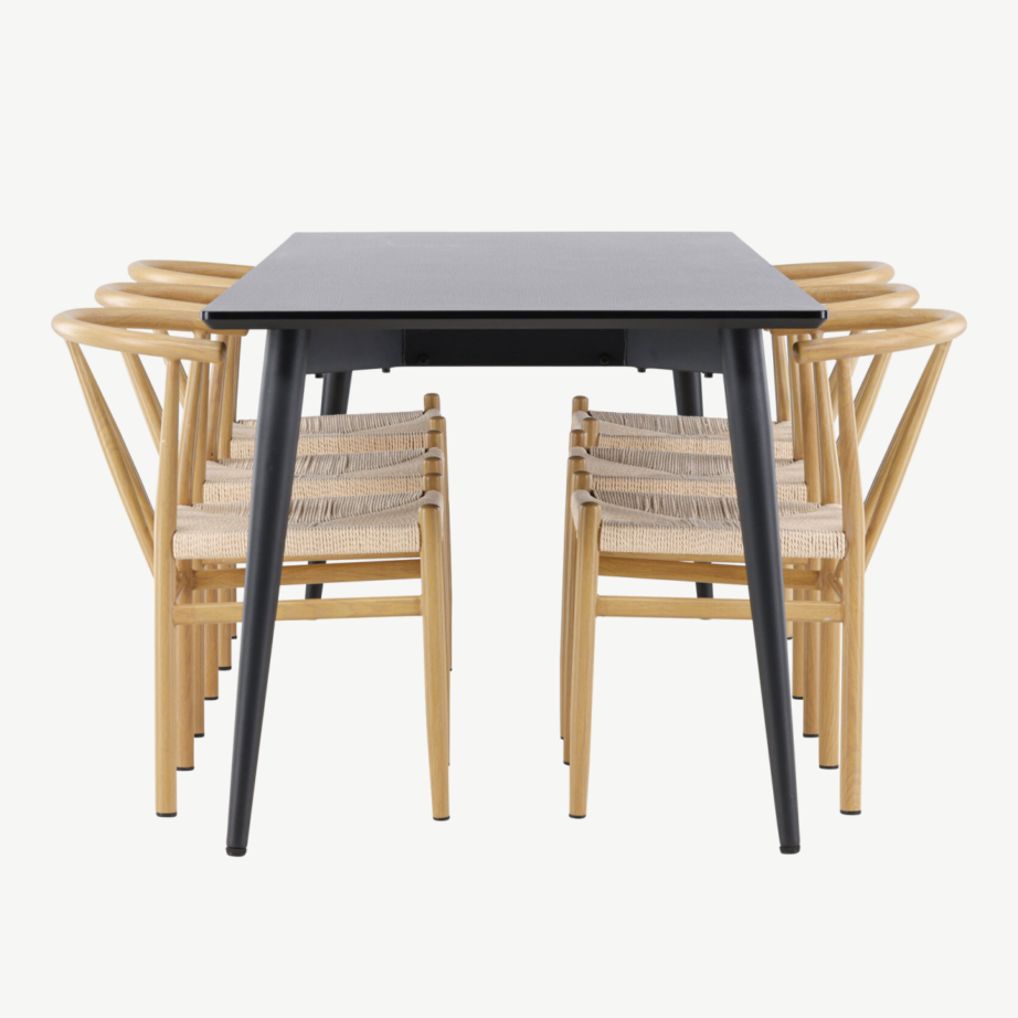 Ristkülikukujuline must söögilauakomplekt Ellis 230×85 cm ja 6 naturaalset rattanpunutisega Alfons tooli, GR24601 – 2