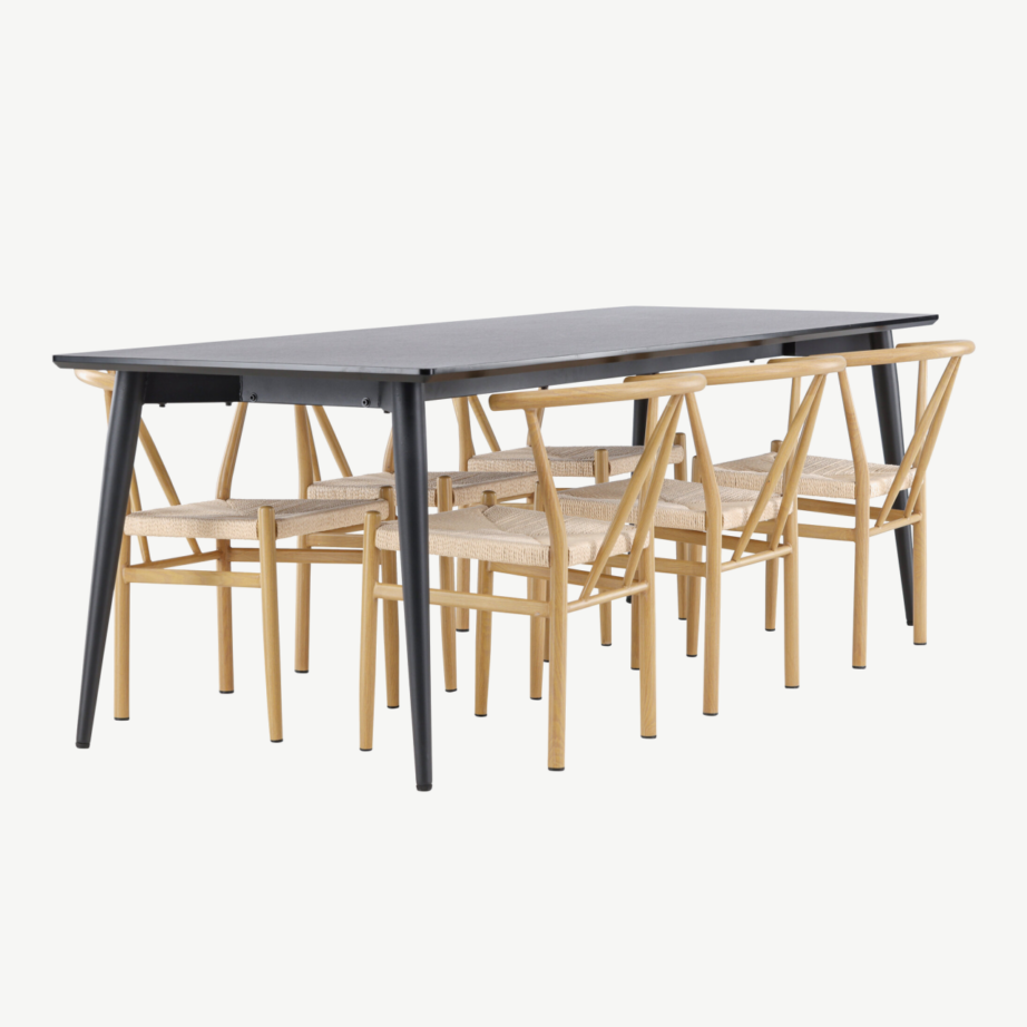 Ristkülikukujuline must söögilauakomplekt Ellis 230×85 cm ja 6 naturaalset rattanpunutisega Alfons tooli, GR24601 – 3