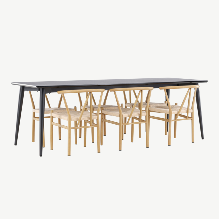 Ristkülikukujuline must söögilauakomplekt Ellis 230×85 cm ja 6 naturaalset rattanpunutisega Alfons tooli - GR24601