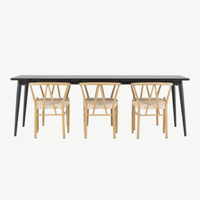 Ristkülikukujuline must söögilauakomplekt Ellis 230×85 cm ja 6 naturaalset rattanpunutisega Alfons tooli - GR24601