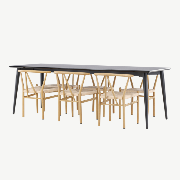 Ristkülikukujuline must söögilauakomplekt Ellis 230×85 cm ja 6 naturaalset rattanpunutisega Alfons tooli - GR24601