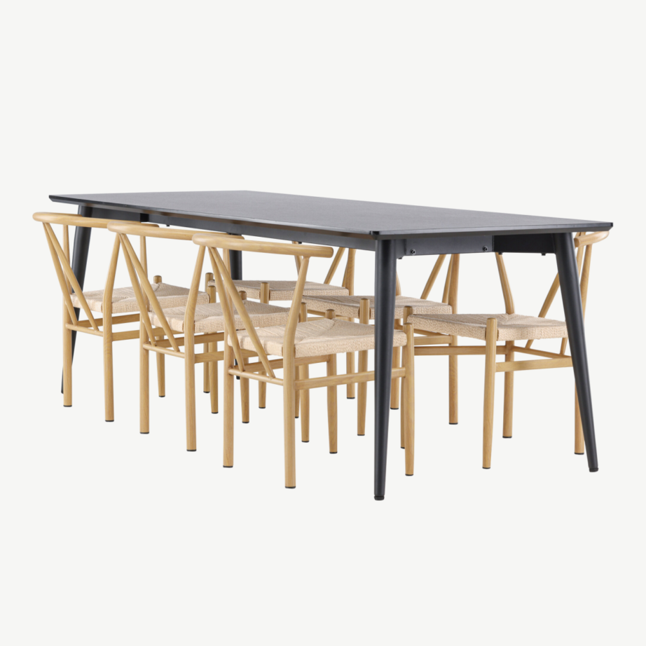 Ristkülikukujuline must söögilauakomplekt Ellis 230×85 cm ja 6 naturaalset rattanpunutisega Alfons tooli, GR24601 – 6