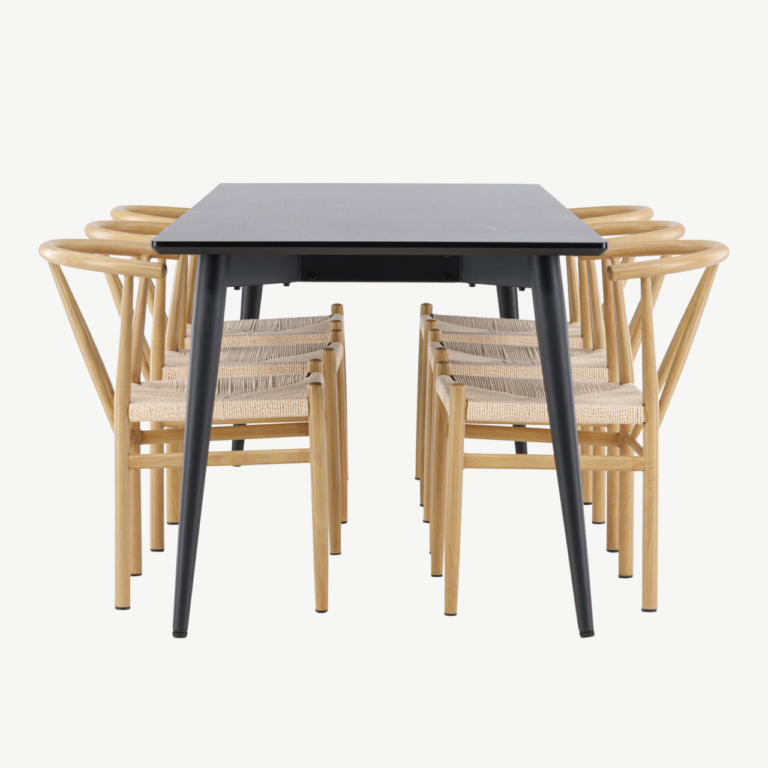 Ristkülikukujuline must söögilauakomplekt Ellis 230×85 cm ja 6 naturaalset rattanpunutisega Alfons tooli - GR24601