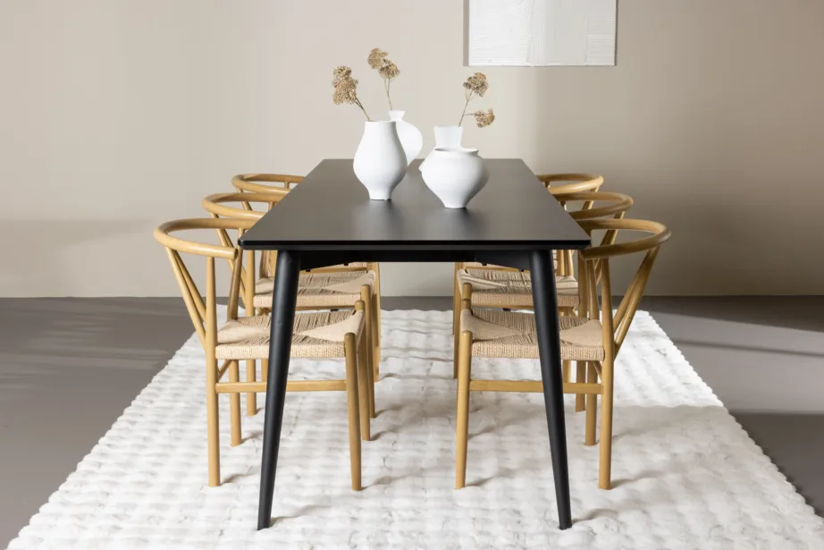 Ristkülikukujuline must söögilauakomplekt Ellis 230×85 cm ja 6 naturaalset rattanpunutisega Alfons tooli, GR24601 – 8