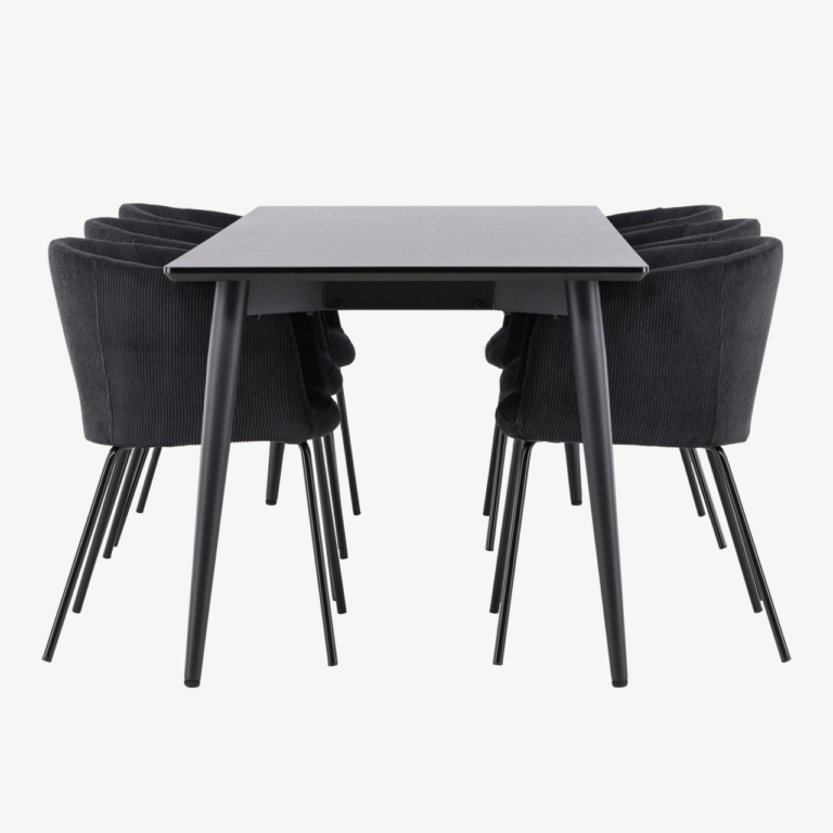 Ristkülikukujuline must söögilauakomplekt: MDF lauaplaat 230x85 cm ja 6 polüesterbukleekattega tooli (Ellis, Berit) - GR24607