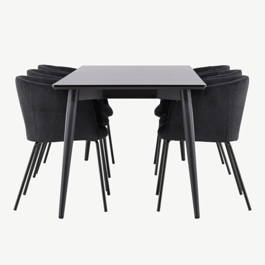 Ristkülikukujuline must söögilauakomplekt: MDF lauaplaat 230×85 cm ja 6 polüesterbukleekattega tooli (Ellis, Berit), GR24607 – 2