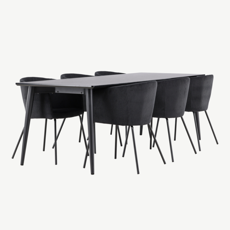 Ristkülikukujuline must söögilauakomplekt: MDF lauaplaat 230x85 cm ja 6 polüesterbukleekattega tooli (Ellis, Berit) - GR24607
