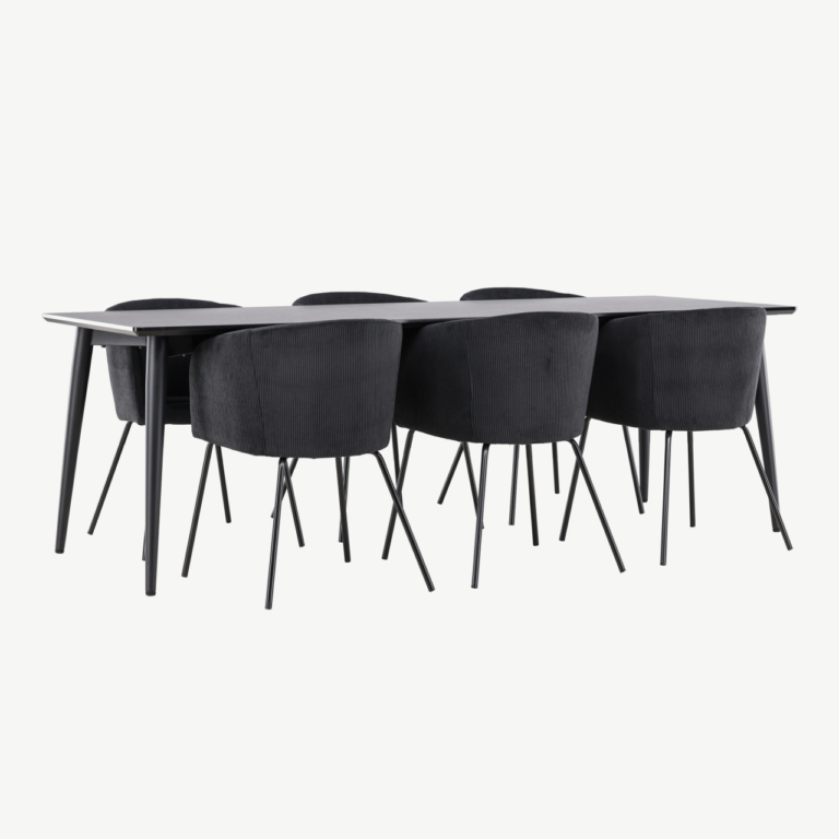 Ristkülikukujuline must söögilauakomplekt: MDF lauaplaat 230x85 cm ja 6 polüesterbukleekattega tooli (Ellis, Berit) - GR24607