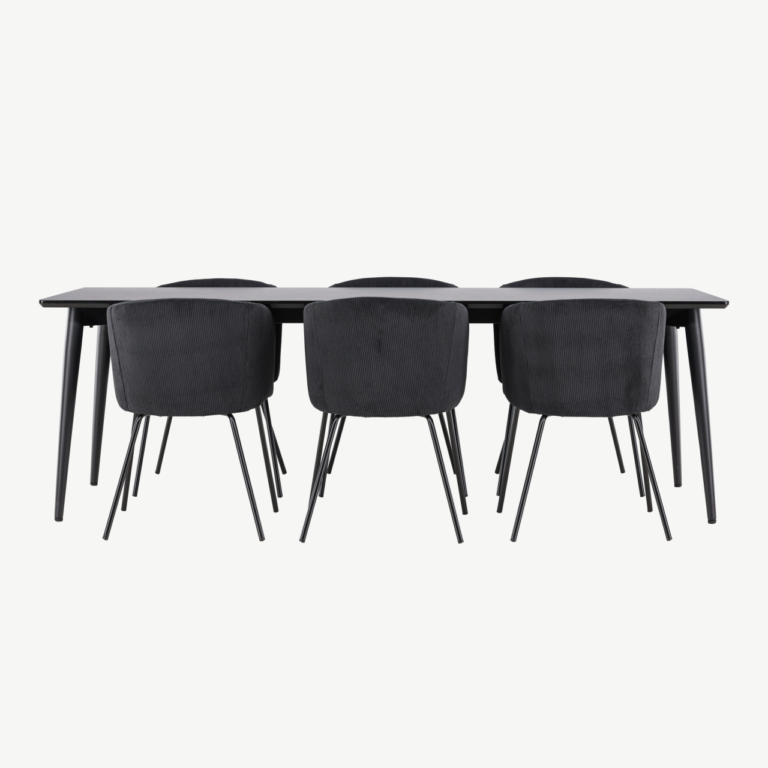 Ristkülikukujuline must söögilauakomplekt: MDF lauaplaat 230x85 cm ja 6 polüesterbukleekattega tooli (Ellis, Berit) - GR24607