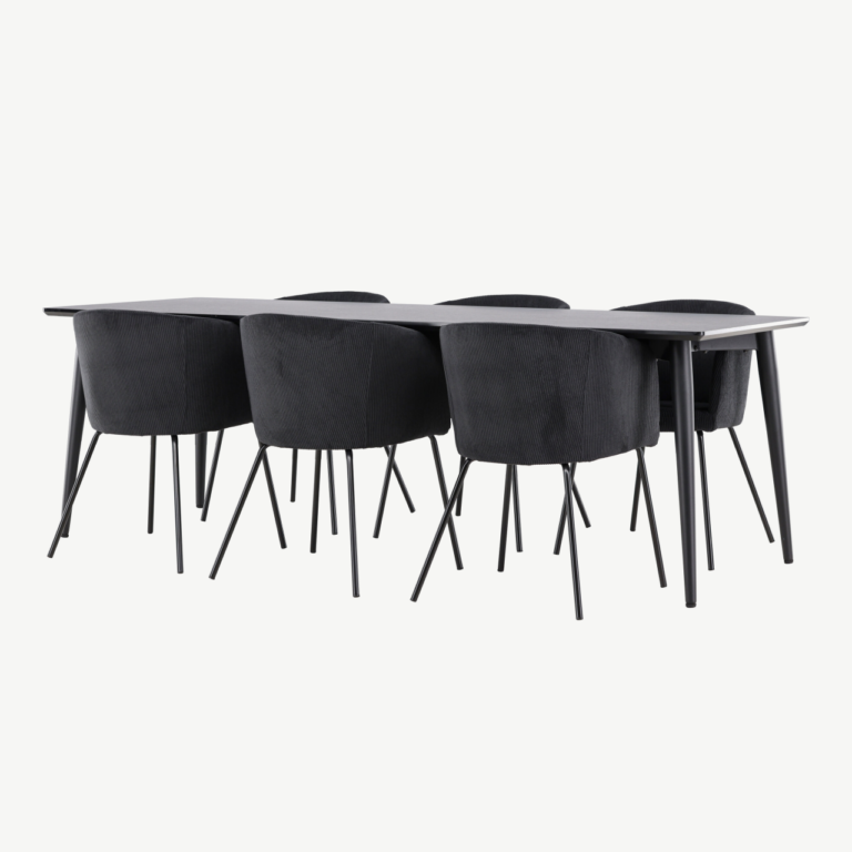 Ristkülikukujuline must söögilauakomplekt: MDF lauaplaat 230x85 cm ja 6 polüesterbukleekattega tooli (Ellis, Berit) - GR24607