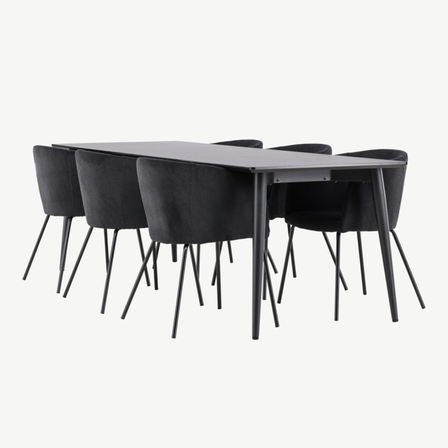 Ristkülikukujuline must söögilauakomplekt: MDF lauaplaat 230×85 cm ja 6 polüesterbukleekattega tooli (Ellis, Berit), GR24607 – 6