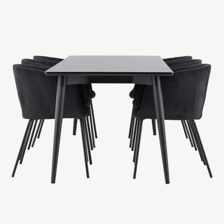 Ristkülikukujuline must söögilauakomplekt: MDF lauaplaat 230x85 cm ja 6 polüesterbukleekattega tooli (Ellis, Berit) - GR24607