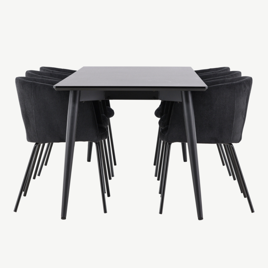 Ristkülikukujuline must söögilauakomplekt: MDF lauaplaat 230×85 cm ja 6 polüesterbukleekattega tooli (Ellis, Berit), GR24607 – 7