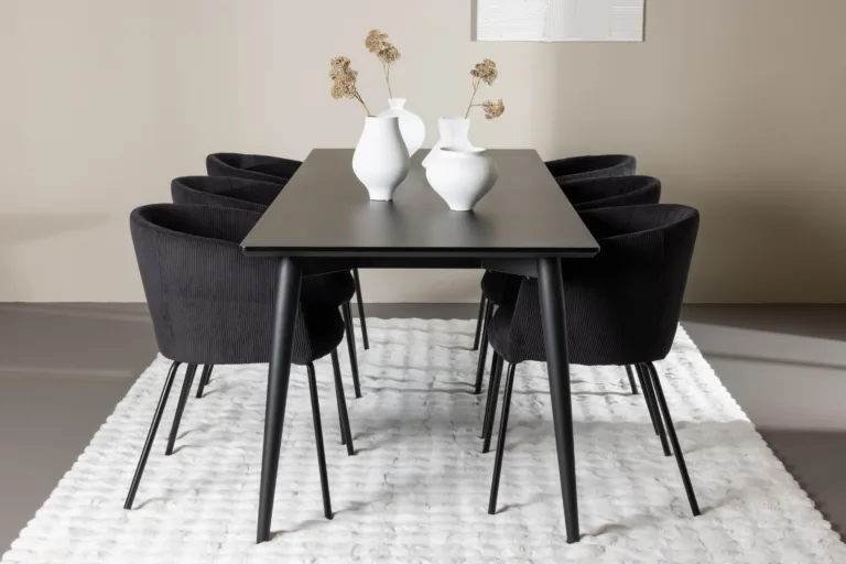 Ristkülikukujuline must söögilauakomplekt: MDF lauaplaat 230x85 cm ja 6 polüesterbukleekattega tooli (Ellis, Berit) - GR24607