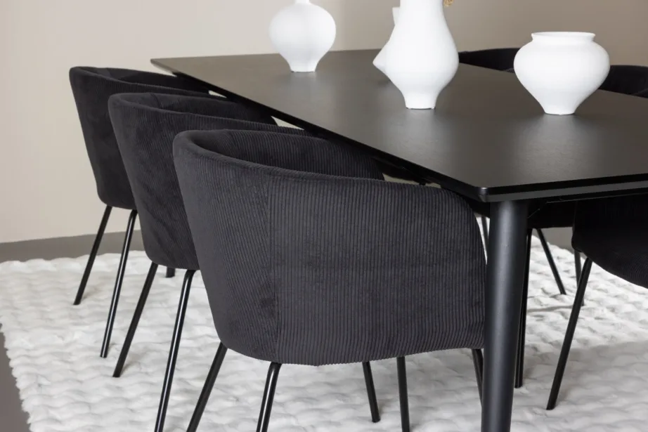 Ristkülikukujuline must söögilauakomplekt: MDF lauaplaat 230×85 cm ja 6 polüesterbukleekattega tooli (Ellis, Berit), GR24607 – 9