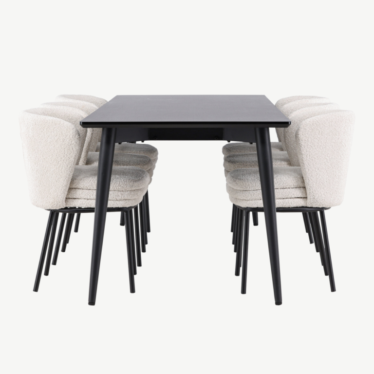 Ristkülikukujuline must söögilauakomplekt buklee toolidega: Ellis laud 230×85 cm ja 6 valget Agnes tooli - GR24605