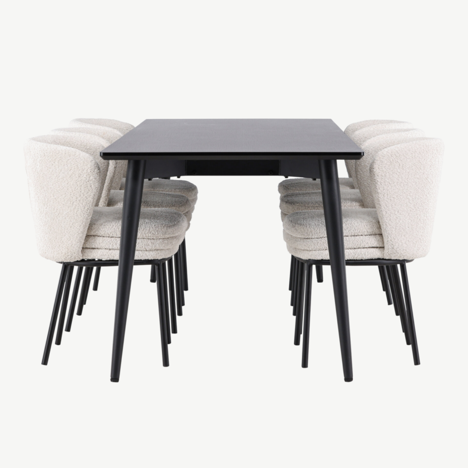 Ristkülikukujuline must söögilauakomplekt buklee toolidega: Ellis laud 230×85 cm ja 6 valget Agnes tooli, GR24605 – 2