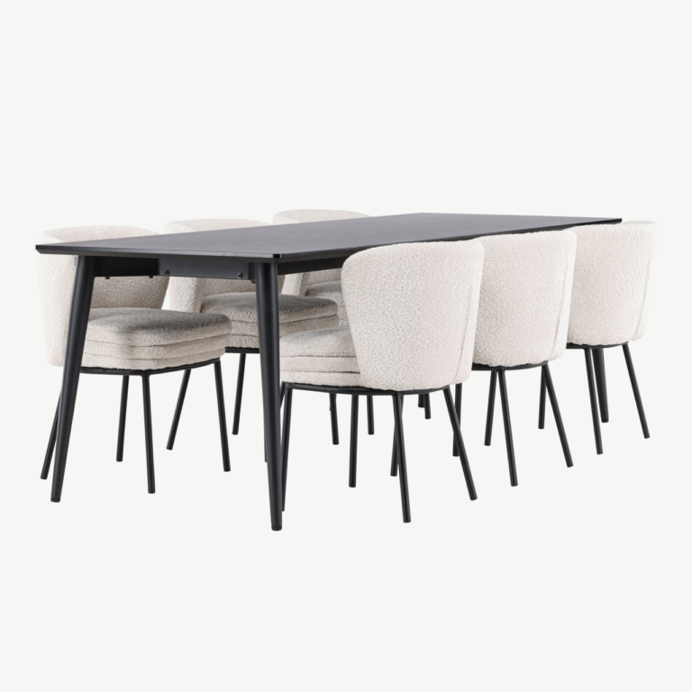 Ristkülikukujuline must söögilauakomplekt buklee toolidega: Ellis laud 230×85 cm ja 6 valget Agnes tooli - GR24605