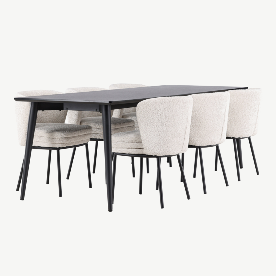 Ristkülikukujuline must söögilauakomplekt buklee toolidega: Ellis laud 230×85 cm ja 6 valget Agnes tooli, GR24605 – 3