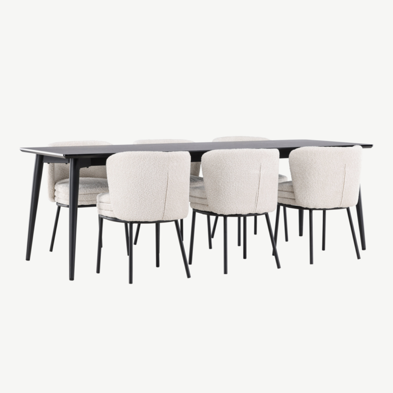 Ristkülikukujuline must söögilauakomplekt buklee toolidega: Ellis laud 230×85 cm ja 6 valget Agnes tooli - GR24605