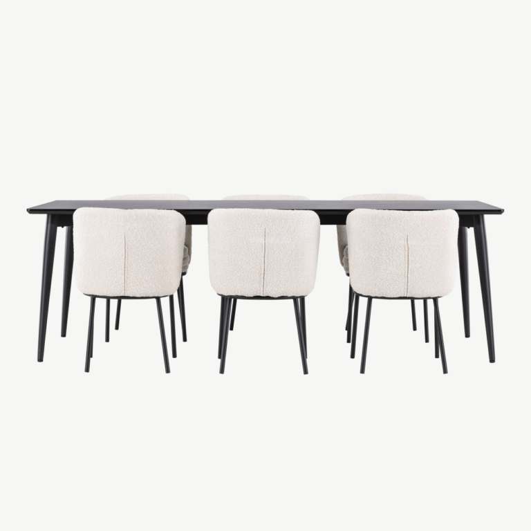 Ristkülikukujuline must söögilauakomplekt buklee toolidega: Ellis laud 230×85 cm ja 6 valget Agnes tooli - GR24605
