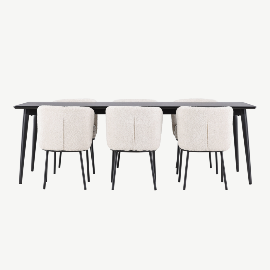 Ristkülikukujuline must söögilauakomplekt buklee toolidega: Ellis laud 230×85 cm ja 6 valget Agnes tooli, GR24605 – 5