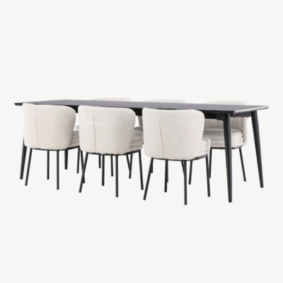 Ristkülikukujuline must söögilauakomplekt buklee toolidega: Ellis laud 230×85 cm ja 6 valget Agnes tooli - GR24605