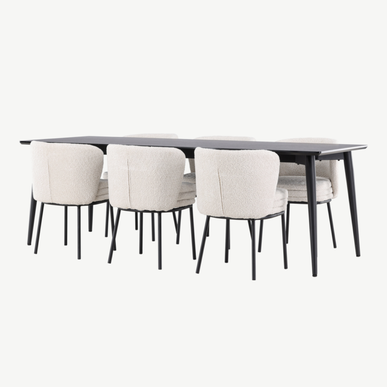 Ristkülikukujuline must söögilauakomplekt buklee toolidega: Ellis laud 230×85 cm ja 6 valget Agnes tooli - GR24605