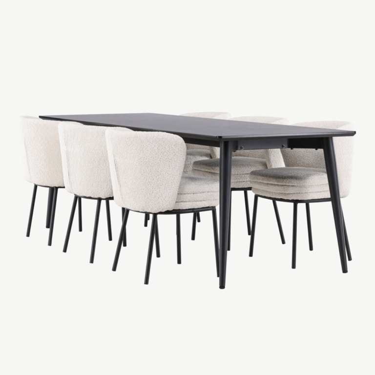 Ristkülikukujuline must söögilauakomplekt buklee toolidega: Ellis laud 230×85 cm ja 6 valget Agnes tooli - GR24605