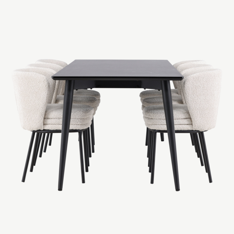 Ristkülikukujuline must söögilauakomplekt buklee toolidega: Ellis laud 230×85 cm ja 6 valget Agnes tooli - GR24605