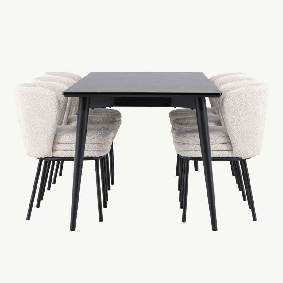 Ristkülikukujuline must söögilauakomplekt buklee toolidega: Ellis laud 230×85 cm ja 6 valget Agnes tooli, GR24605 – 7