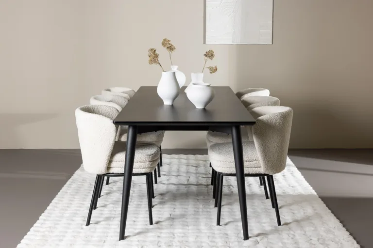Ristkülikukujuline must söögilauakomplekt buklee toolidega: Ellis laud 230×85 cm ja 6 valget Agnes tooli - GR24605