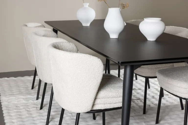 Ristkülikukujuline must söögilauakomplekt buklee toolidega: Ellis laud 230×85 cm ja 6 valget Agnes tooli - GR24605