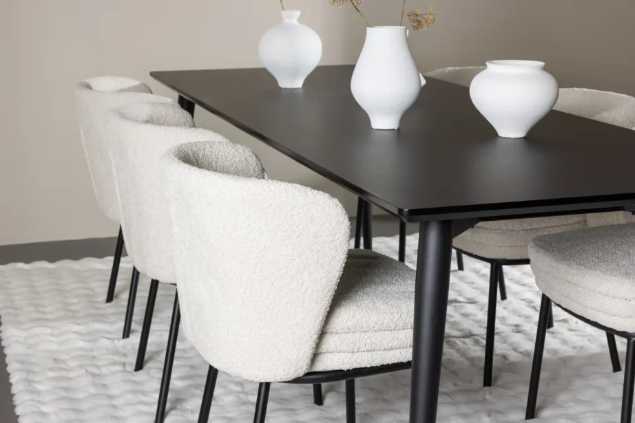 Ristkülikukujuline must söögilauakomplekt buklee toolidega: Ellis laud 230×85 cm ja 6 valget Agnes tooli, GR24605 – 9