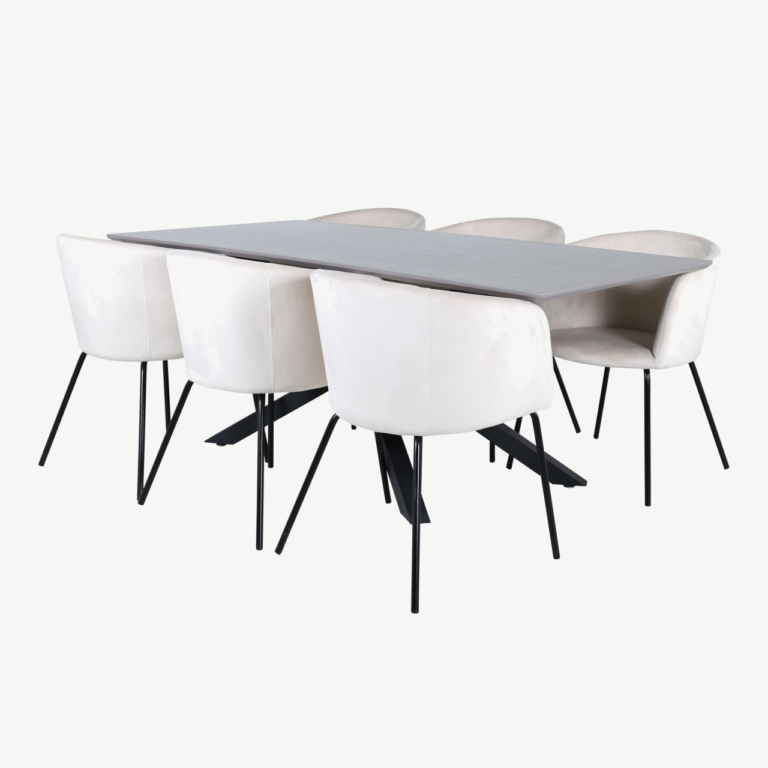 Ristkülikukujuline söögikomplekt Piazza (180x90 cm, tumehall MDF, mustad terasjalad, 6 beeži velvetkattega tooli) - GR22514