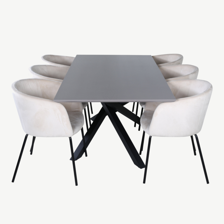 Ristkülikukujuline söögikomplekt Piazza (180x90 cm, tumehall MDF, mustad terasjalad, 6 beeži velvetkattega tooli) - GR22514