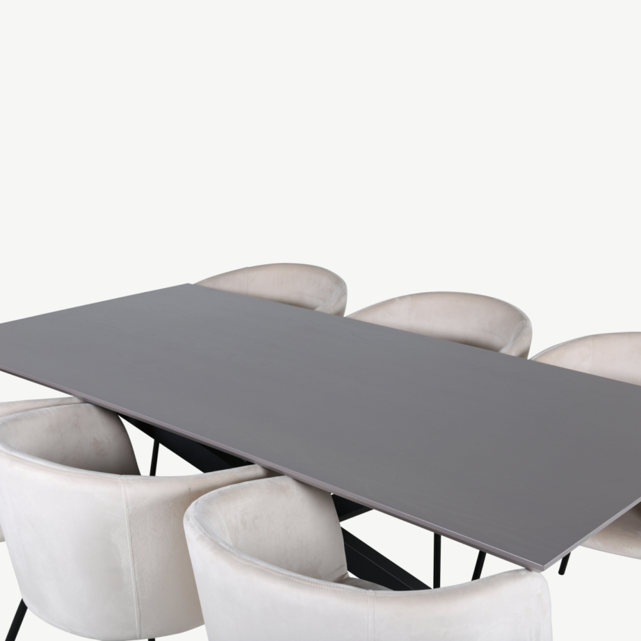 Ristkülikukujuline söögikomplekt Piazza (180×90 cm, tumehall MDF, mustad terasjalad, 6 beeži velvetkattega tooli), GR22514