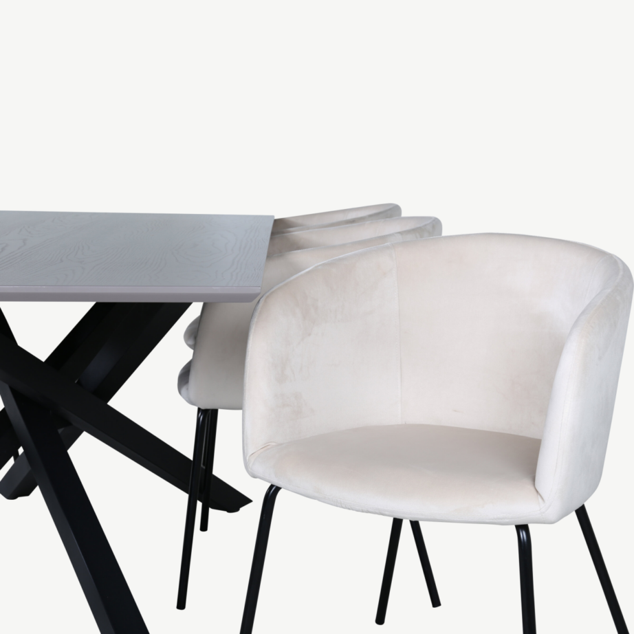 Ristkülikukujuline söögikomplekt Piazza (180×90 cm, tumehall MDF, mustad terasjalad, 6 beeži velvetkattega tooli), GR22514 – 4